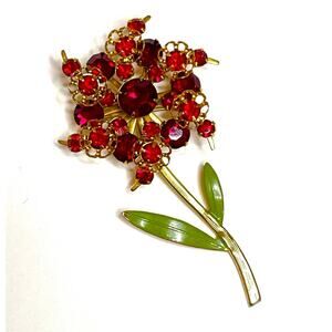 Vintage Brooch Red Rhinestone Enamel Flower Vtg HIGH END Costume Jewelry AU02